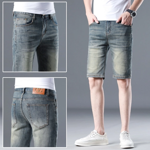 Men Summer Washed Denim Shorts Slim Fit Stretch Five Point Pants Casual Light Blue Cotton Jean Shorts For Youth