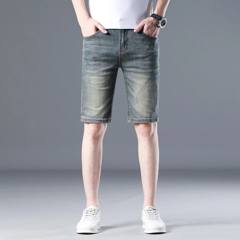 Men Summer Washed Denim Shorts Slim Fit Stretch Five Point Pants Casual Light Blue Cotton Jean Shorts For Youth