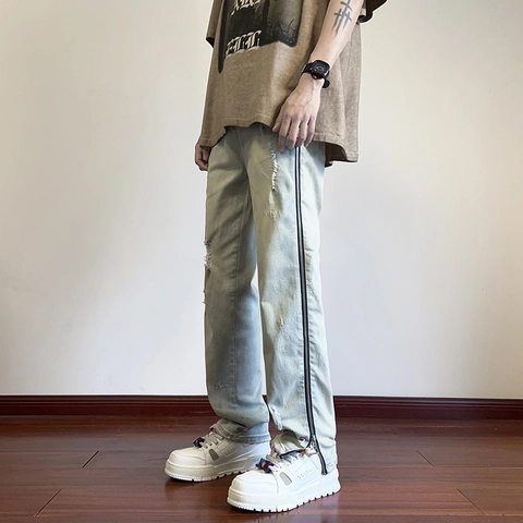Herren American Vintage High Street Side Reißverschluss Ripped Jeans Washed Distressed Straight Leg Micro Flare Denim Hose