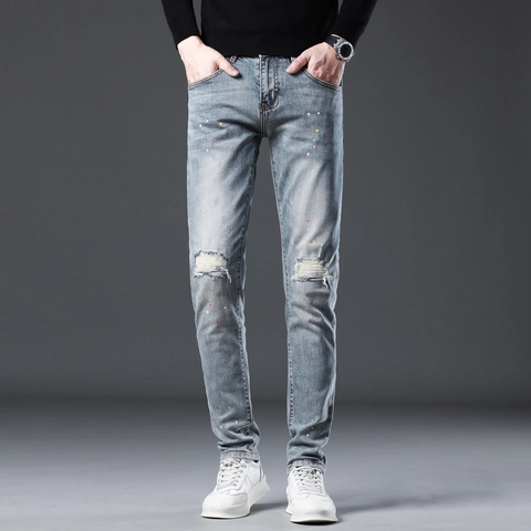 Men Streetwear Slim Fit Ripped Jeans Light Blue Paint Splatter Distressed Wash Embroidered Cotton Denim Tapered Casual Long Pants