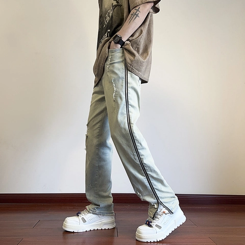 Herren American Vintage High Street Side Reißverschluss Ripped Jeans Washed Distressed Straight Leg Micro Flare Denim Hose