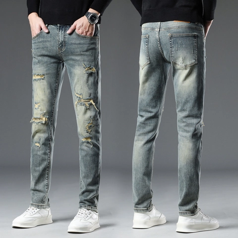 Herren Ripped Jeans Slim Fit Verwaschene Baumwolle Denim Hosen Blaugrau Washed Streetwear Vintage Casual Mode Für Herren