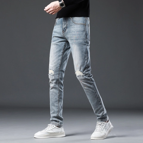 Ανδρικό Στενό Σκισμένο Τζιν Βαμβακερό Denim Κεντημένο με Πιτσιλιές Χρώματος Stretch Streetwear Μόδα Casual Μακρύ Παντελόνι