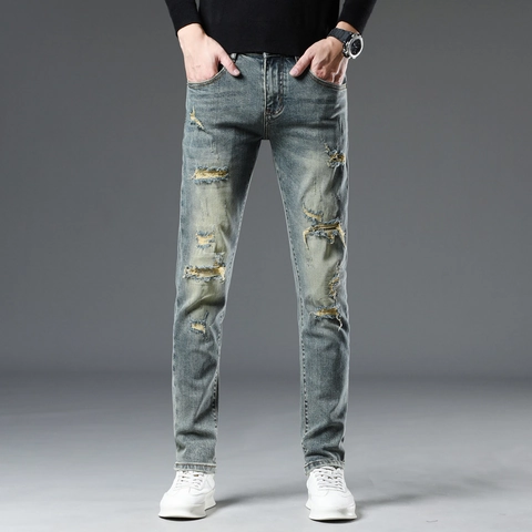 Herren Ripped Jeans Slim Fit Verwaschene Baumwolle Denim Hosen Blaugrau Washed Streetwear Vintage Casual Mode Für Herren