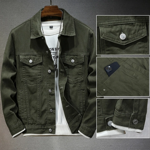 Vintage Men Denim Jacket 100% Cotton Slim Fit Multi Pocket Street Trend Workwear Casual Outerwear Coat Tops Fall Spring
