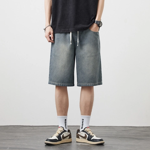 Pantaloncini Denim da Uomo Texture Stellata Lavaggio Blu Casual Vestibilità Comoda Coulisse Streetwear Pantaloncini per Uomo