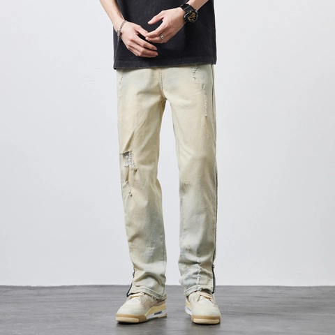 Men's Vintage Washed High Street Denim Jeans With Side Zipper Distressed Holes Streetwear Cotton Blend Straight Pants