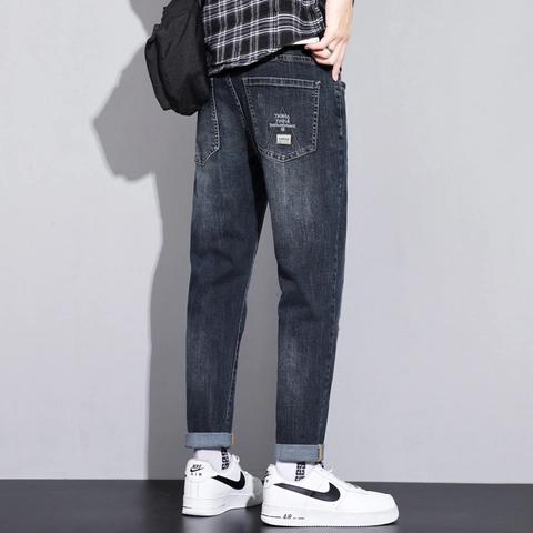 Men Slim Fit Jeans Stretchy Cotton Blend Washed Denim Pants Streetwear Casual Trousers With Print For Daily Wear