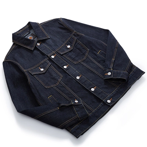 Giacca di Denim Selvedge Retro Americano da Uomo Blu Scuro Casual a Maniche Lunghe Workwear Top 100% Cotone Colletto