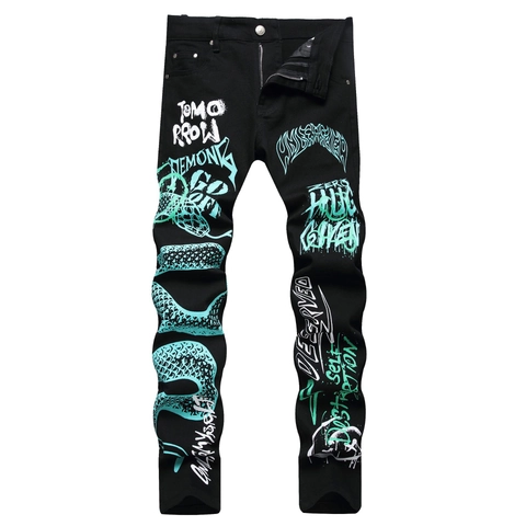 Men's Black Slim Fit Graffiti Jeans Streetwear Cotton Blend Stretch Tapered Denim Pants With Snake Letters Print