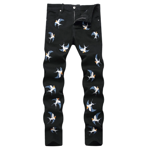 Jeans Slim Fit Neri da Uomo Ricamo a Rondine Multicolore High Street Stretch Denim Pantaloni Moda Casual Pantaloni Giovani