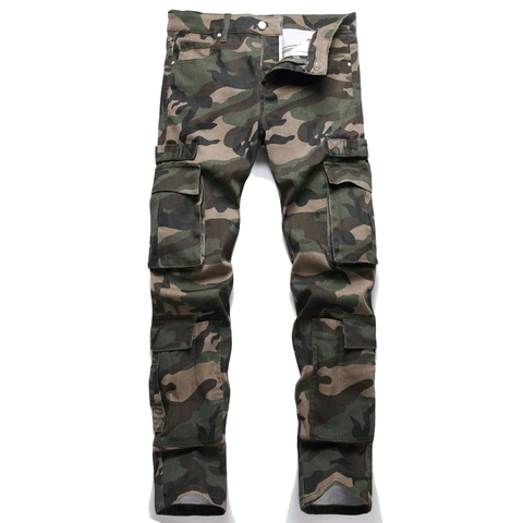 Pantalones Cargo de Camuflaje para Hombre Algodón Spandex Multibolsillos Recto Ajustado Denim Pantalones para Outdoor Casual