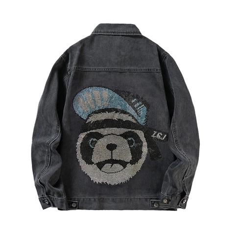 Men Washed Denim Jacket Heavy Craft Rhinestone Panda Hip Hop Streetwear Loose Cotton Outerwear Casual Autumn Coat