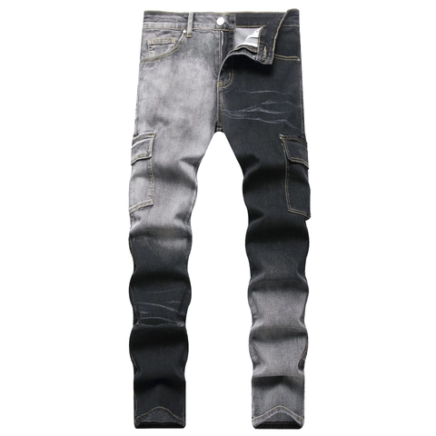 Heren Streetwear Contrast Colorblock Cargo Jeans Slim Fit Gewassen Denim Broek Met Grote Zakken Voor Heren Casual Daily
