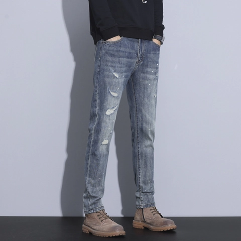 Jeans Slim Fit da Uomo Strappati Distressed Blu Lavato Pantaloni in Denim Con Design a Schizzi di Vernice Streetwear
