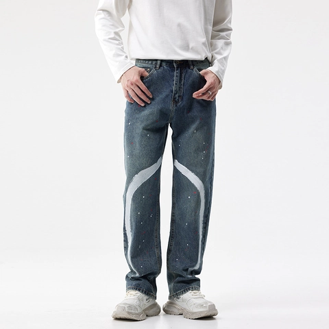 Herren Washed Denim Straight Jeans Farbspritzer Graffiti Streetwear American Retro Modische Loose Fit Lässige Lange Hosen