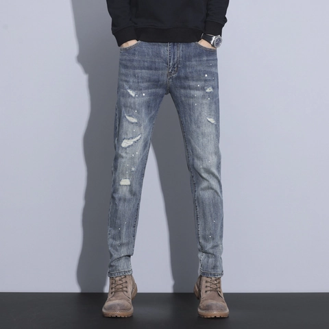 Jeans Slim Fit da Uomo Strappati Distressed Blu Lavato Pantaloni in Denim Con Design a Schizzi di Vernice Streetwear