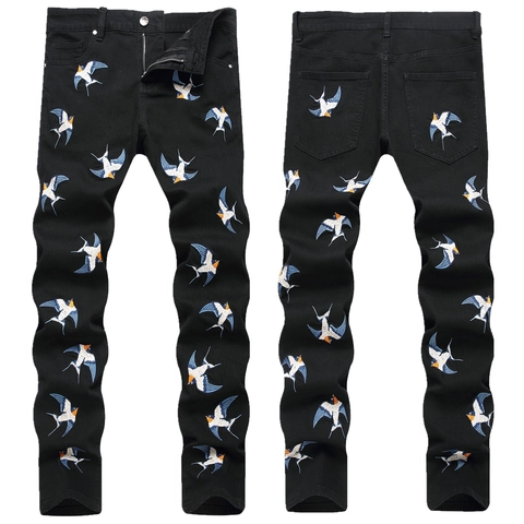 Jeans Slim Fit Neri da Uomo Ricamo a Rondine Multicolore High Street Stretch Denim Pantaloni Moda Casual Pantaloni Giovani