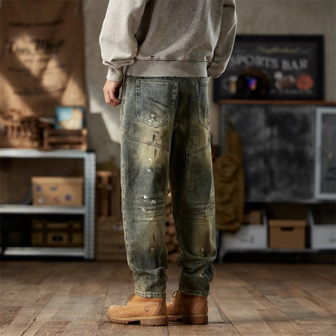 Άνδρες Αμερικάνικο Ρετρό Σκισμένο Τζιν Heavy Wash Distressed Patchwork Loose Fit Κωνικό Τζιν Παντελόνια Streetwear Vintage Τζιν