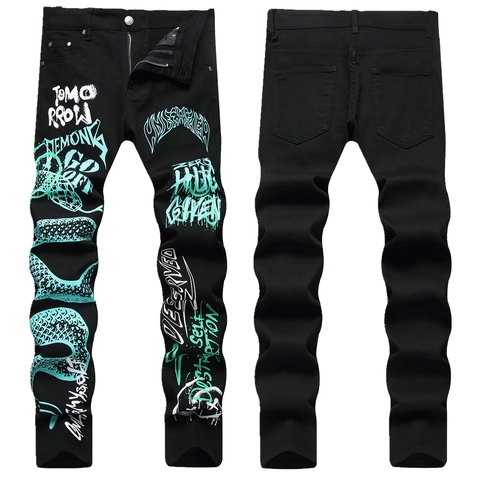 Men's Black Slim Fit Graffiti Jeans Streetwear Cotton Blend Stretch Tapered Denim Pants With Snake Letters Print