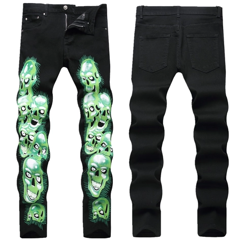 Herren Gothic Totenkopf Druck Denim Jeans Slim Fit Stretch Hip Hop Streetwear Schwarze Hose Lange Hose Für Männer
