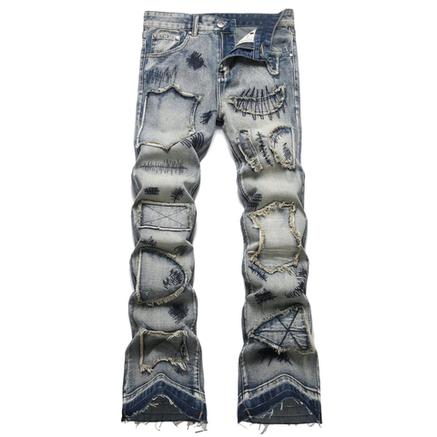 Jeans Évasés pour Hommes en Denim de Coton Déchiré avec Broderie Patch High Streetwear Pantalon Long Vintage Lavage Bleu