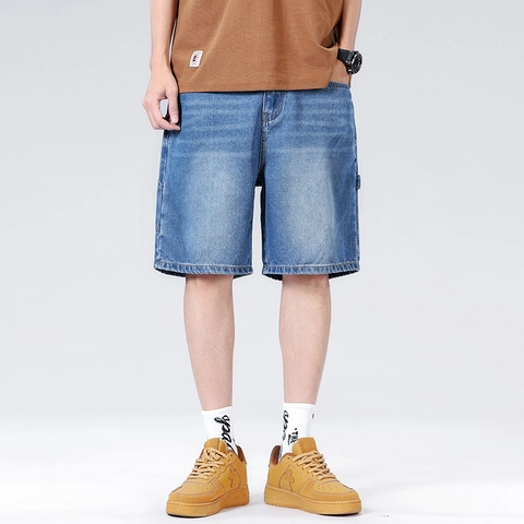 Herren Denim Shorts Mittelblau Gewaschen Baumwollmischung Cargo Shorts Mit Elastischem Bund Locker Gerade Passform Jeans