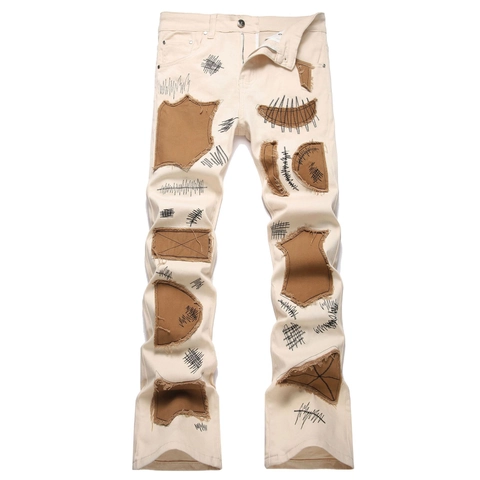 Pantalon en Jean Patchwork Streetwear pour Hommes Mélange de Coton Coupe Ajustée Micro Flare Jeans Avec Broderie Vieillie Style Punk