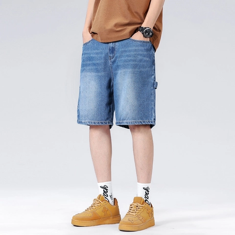Herren Denim Shorts Mittelblau Gewaschen Baumwollmischung Cargo Shorts Mit Elastischem Bund Locker Gerade Passform Jeans