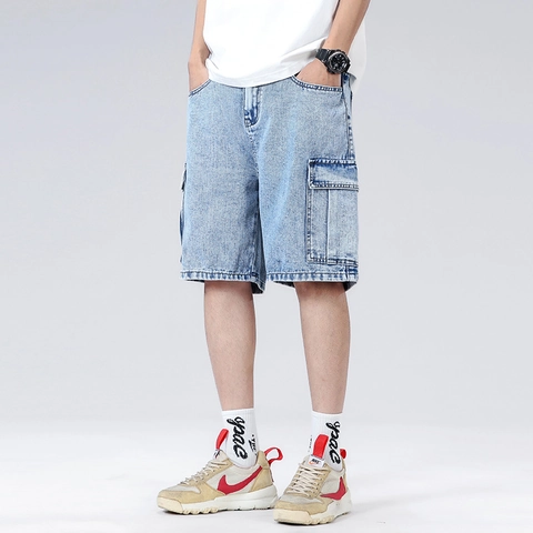 Pantaloncini Cargo da Uomo in Denim Casual Lavato Celeste Vestibilità Ampia Estivi Con Vita Elastica Coulisse Tasche Streetwear
