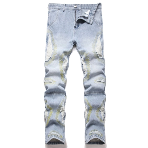 Herren American Street Trendy Slim Straight Jeans Bestickte Distressed Ripped Denim Hose Hellblau Gewaschene Baumwolle