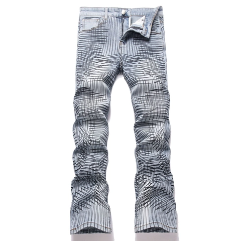 Herren High Street Slim Fit Jeans Mit Schwarzem Scribble-Print Hellblau Denim Hose Für Streetwear Casual Daily