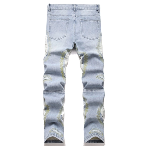 Pantaloni Jeans a Gamba Dritta Strappati Retro da Uomo Blu Chiaro Denim Con Ricamo Stella Gialla Streetwear Casual Daily