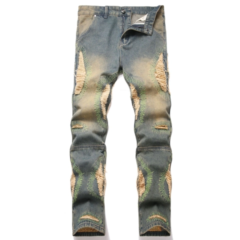 Ανδρικά Τζιν Με Φθορές Vintage Denim Παντελόνι Με Πράσινο Κέντημα Ζιγκ Ζαγκ Streetwear Slim Straight Leg Παντελόνι Για Άνδρες
