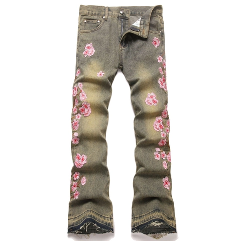 Herren Vintage Distressed Denim Hose Pink Floral Stickerei Mikro Schlagjeans Street Fashion Slim Fit Lange Hose