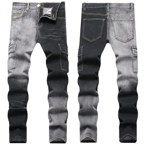 Heren Streetwear Contrast Colorblock Cargo Jeans Slim Fit Gewassen Denim Broek Met Grote Zakken Voor Heren Casual Daily