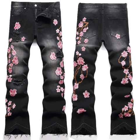 Herren Schwarz Denim Flare Jeans Mit Rosa Kirschblüten Stickerei Zerrissen Streetwear Gewaschene Lange Hose