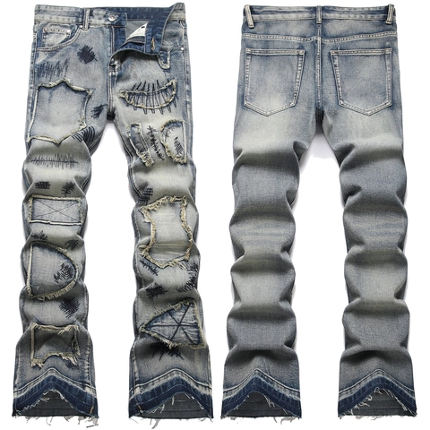 Jeans Évasés pour Hommes en Denim de Coton Déchiré avec Broderie Patch High Streetwear Pantalon Long Vintage Lavage Bleu