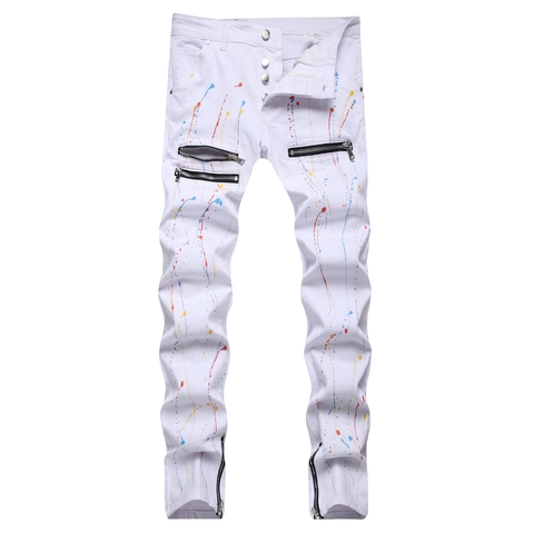 Herren Slim Fit Weißer Denim Jeans Mit Farbspritzern Reißverschluss Dekor Street Fashion Stacked Bleistifthose