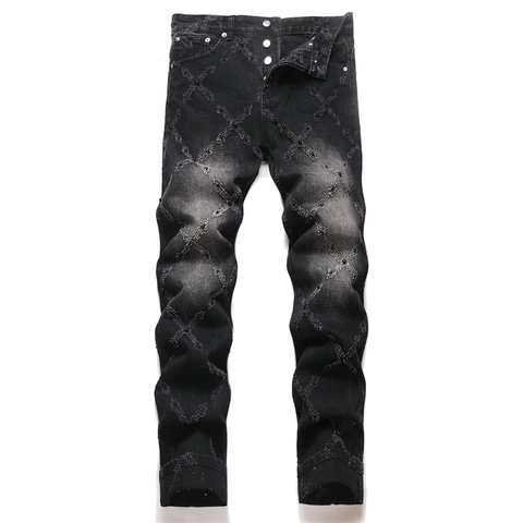 Men Black Cotton Denim Punk Jeans Gothic Streetwear Straight Fit Washed Distressed Pants With Beaded Cross Pattern