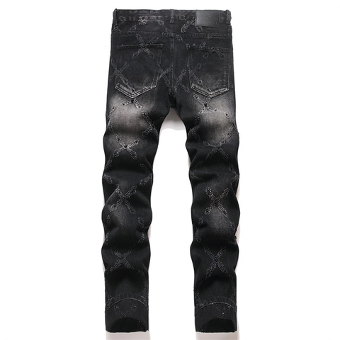 Men Black Cotton Denim Punk Jeans Gothic Streetwear Straight Fit Washed Distressed Pants With Beaded Cross Pattern