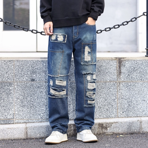 Jeans Uomo Strappati Patchwork Taglio Dritto Distressed Lavati Retro Streetwear Style Heavywork Tasche Pantaloni Denim Moda