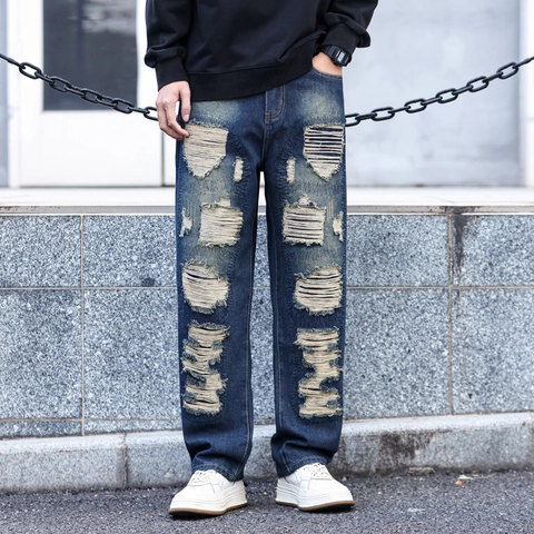 Herren Streetwear Zerrissene Jeans Tiefblau Gewaschen Gerade Bein Denim Hose High Street Casual Retro Hose Für Herren