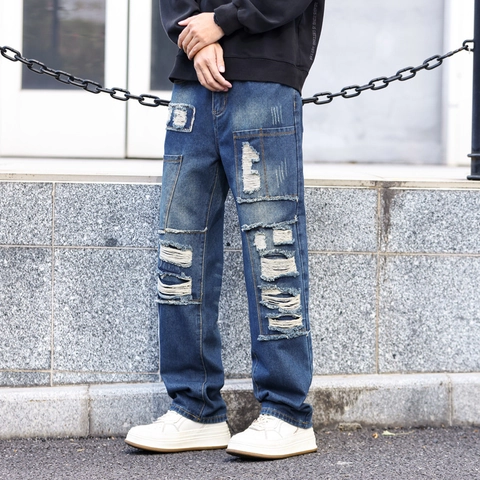 Jeans Uomo Strappati Patchwork Taglio Dritto Distressed Lavati Retro Streetwear Style Heavywork Tasche Pantaloni Denim Moda