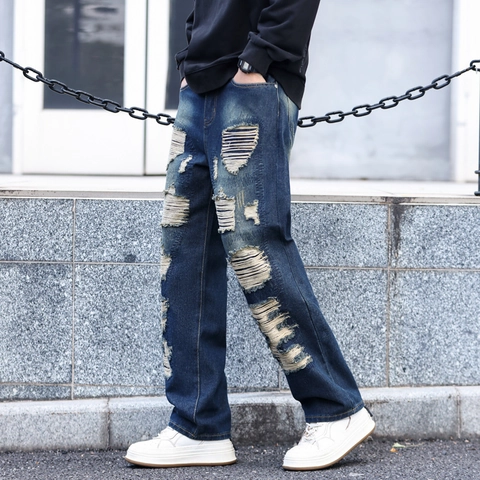 Herren Streetwear Zerrissene Jeans Tiefblau Gewaschen Gerade Bein Denim Hose High Street Casual Retro Hose Für Herren