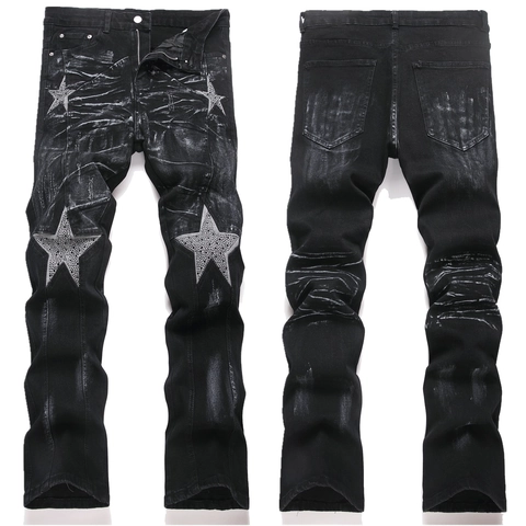 Herren High Street Flare Jeans Strass Stern Patchwork Denim Baumwolle Elasthan Slim Fit Washed Distressed Retro Punk Hose