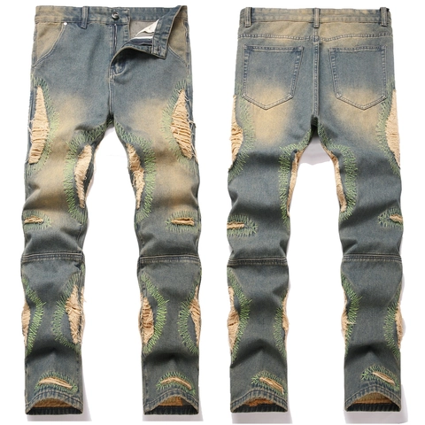 Ανδρικά Τζιν Με Φθορές Vintage Denim Παντελόνι Με Πράσινο Κέντημα Ζιγκ Ζαγκ Streetwear Slim Straight Leg Παντελόνι Για Άνδρες