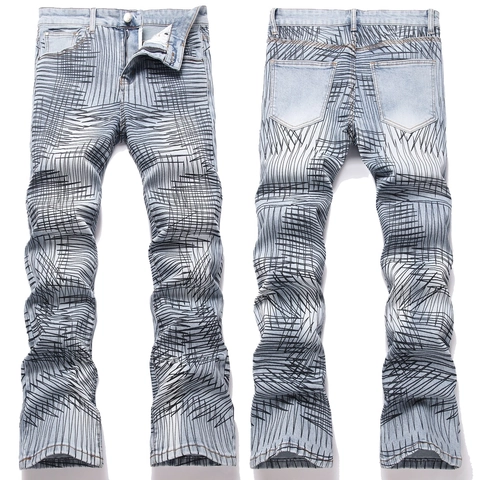 Herren High Street Slim Fit Jeans Mit Schwarzem Scribble-Print Hellblau Denim Hose Für Streetwear Casual Daily