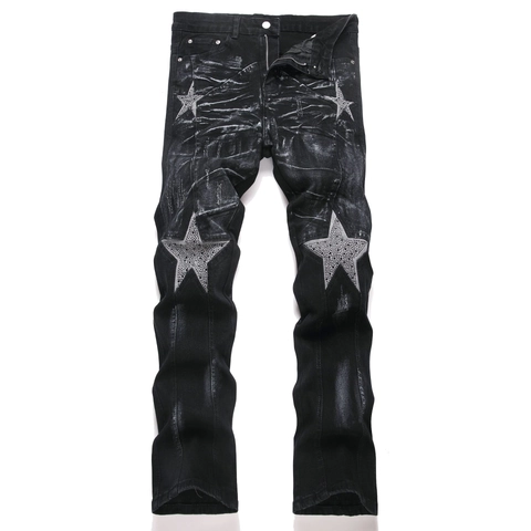 Herren High Street Flare Jeans Strass Stern Patchwork Denim Baumwolle Elasthan Slim Fit Washed Distressed Retro Punk Hose