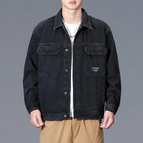 Men's Black Denim Jacket American Workwear Style Washed Cotton Polyester Blend Casual Multi-Pocket Trendy Outwear Jacket